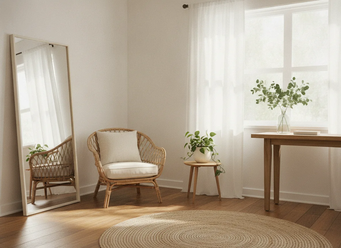 A bright AI-rendered rental-friendly summer living room — a small rattan accent chair with cream linen cushion beside a floor mirror leaning against the wall reflecting a sunlit window, a low jute rug, a glass vase with eucalyptus on a light wood console table, white semi-sheer curtains, and a small potted pothos on a side table — showing low-commitment seasonal swaps that leave no marks.