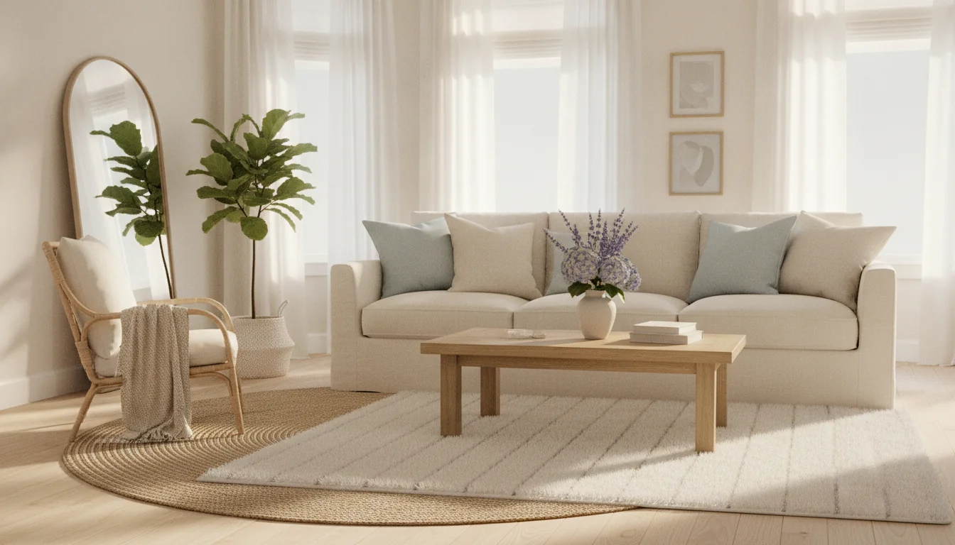 A bright AI-rendered living room for summer with a cream linen slipcovered sofa, layered jute and cotton rugs, rattan and cream accent chairs, a light oak coffee table holding a ceramic vase with lavender, white Roman shades filtering soft afternoon daylight, pale blue linen pillows, and a large fiddle-leaf fig in a cream basket-weave pot near the window — editorial summer decor scene showing room-by-room seasonal styling.