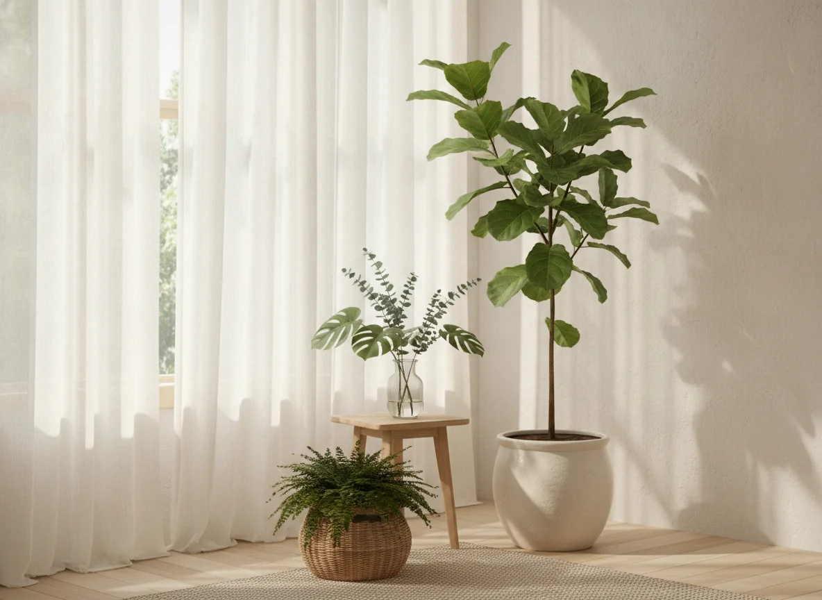 A bright corner of a summer living room filled with indoor plants and natural light — a tall fiddle leaf fig in a cream ceramic planter near a window with white sheer curtains, a monstera on a light oak side table, a fern in a woven basket, sunlight casting soft dappled shadows through the sheers onto the pale wall and jute rug.