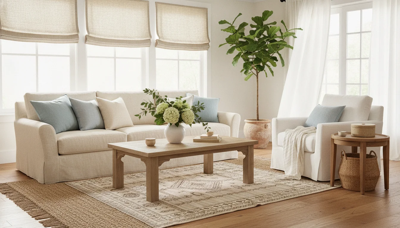 A bright AI-rendered living room for summer — linen slipcovered sofa in natural cream, layered jute and cotton rugs, fresh greenery on a light oak coffee table, white Roman shades filtering soft daylight, and pale blue accent pillows on an armchair beside an open window with sheer curtains