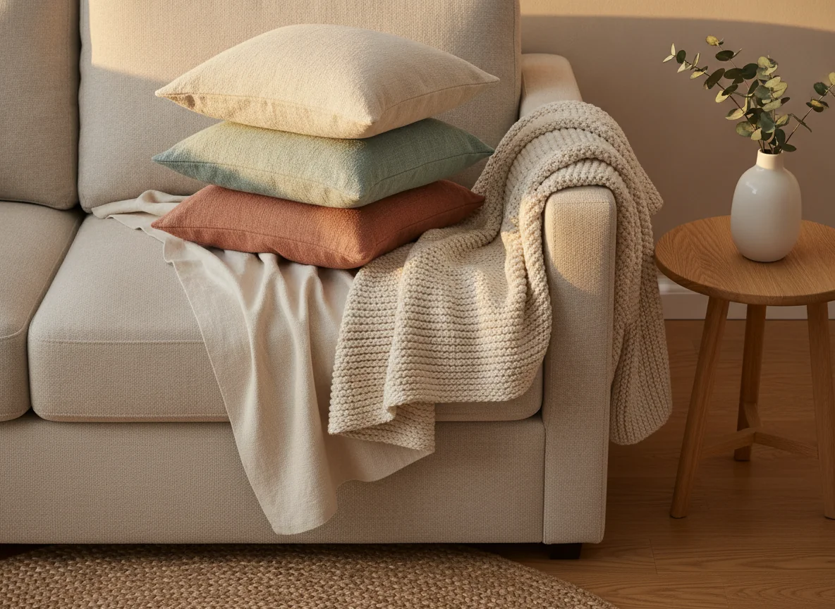 A bright AI-rendered living room with a cream linen slipcovered sofa, pale jute rug layered under a smaller cotton dhurrie, sage and cream linen throw pillows arranged asymmetrically, a light oak coffee table holding a ceramic vase with fresh eucalyptus, and warm morning light streaming through white sheer curtains — a complete summer textile swap scenario.
