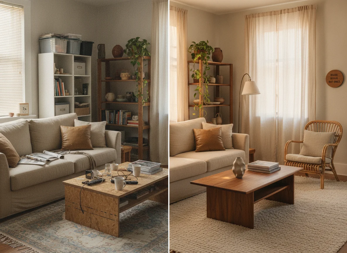 A split-screen before-and-after comparison of a living room — left side shows a cluttered room with a sagging beige synthetic sofa, scratched particleboard coffee table, faded synthetic rug, and generic flat-pack shelving; right side shows the same room transformed with a warm-toned linen sofa, solid walnut coffee table, cream wool rug, curated vintage ceramics, and a restored rattan armchair — illustrating sustainable design through buy-once, reuse, and repair decisions.