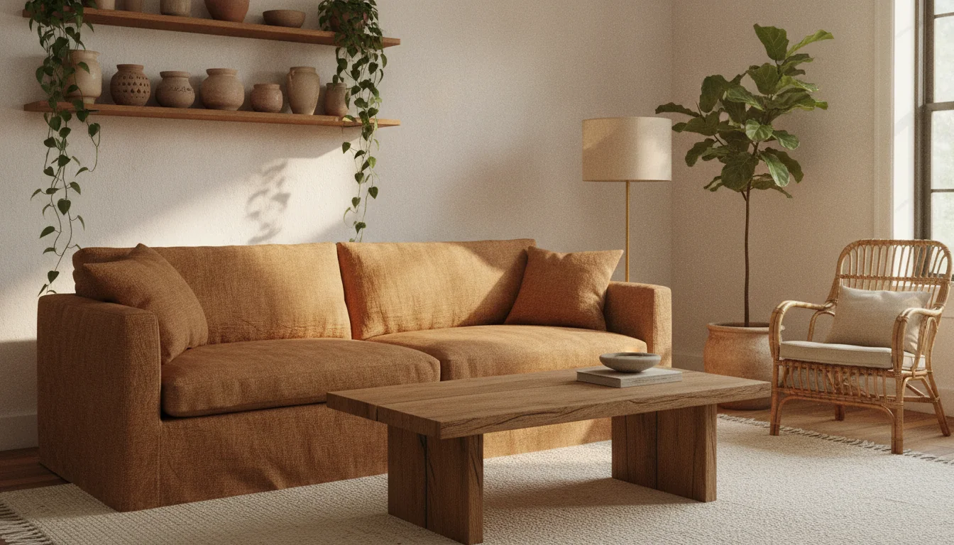 A photoreal AI-rendered living room designed on sustainable principles — a warm-toned linen sofa with visible character, a reclaimed oak coffee table with natural edge and visible grain, a low-pile wool rug in a natural undyed cream tone, open shelving with vintage ceramic vessels and trailing pothos, a reading nook with a restored rattan armchair and a floor lamp with a linen shade, white walls with warm natural light streaming through a south-facing window, and a single large potted fig in a terracotta planter — illustrating sustainable interior design that prioritizes reuse, repair, and buy-once decisions.