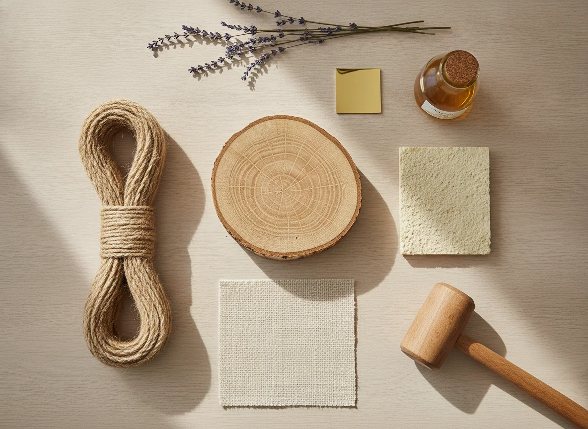 An editorial flat-lay on a light oak surface showing sustainable furniture materials — a cross-section of FSC-certified white oak with visible grain, a coil of natural jute rope, a square of undyed wool textile, a small brass sample, a piece of natural latex foam, and a glass jar of tung oil — illustrating the material vocabulary of sustainable interior design.