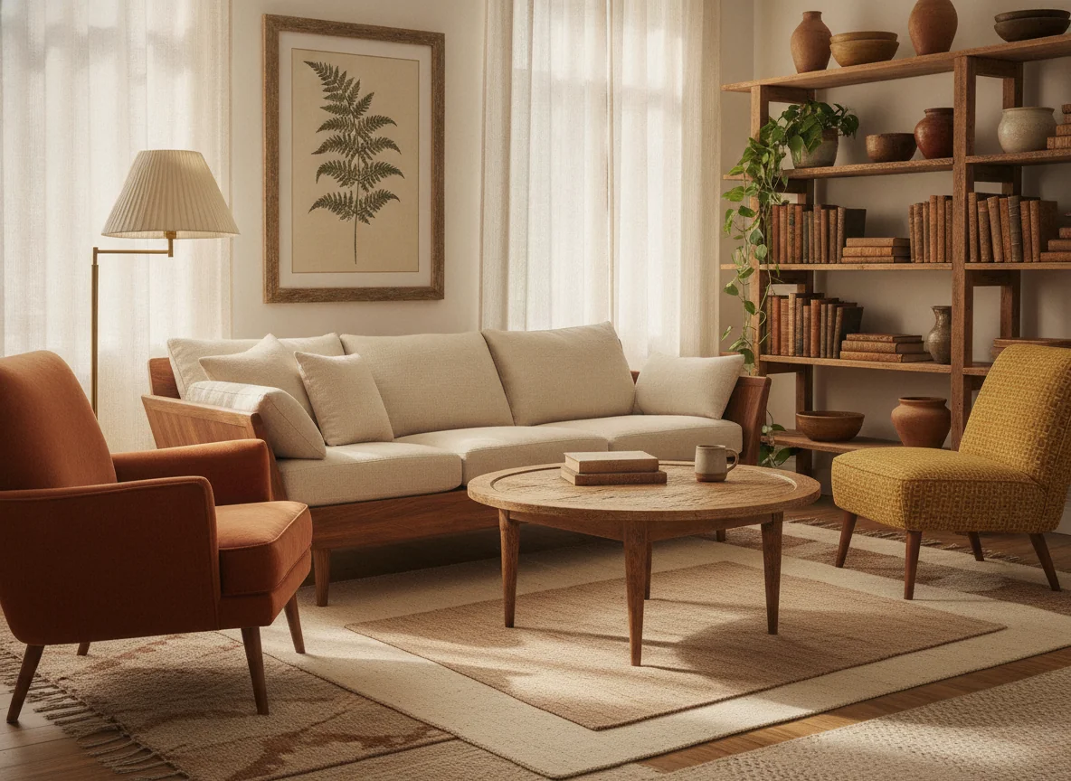 A curated living room showcasing secondhand and vintage furniture — a warm walnut mid-century sofa with cream linen cushions, a round oak coffee table with visible patina, a pair of mismatched vintage armchairs in complementary warm tones, a brass floor lamp with a cream linen shade, layered wool rugs in natural tones, open shelving with vintage ceramics and books, and warm afternoon light streaming through sheer curtains — illustrating that secondhand pieces can create a cohesive, designed room.