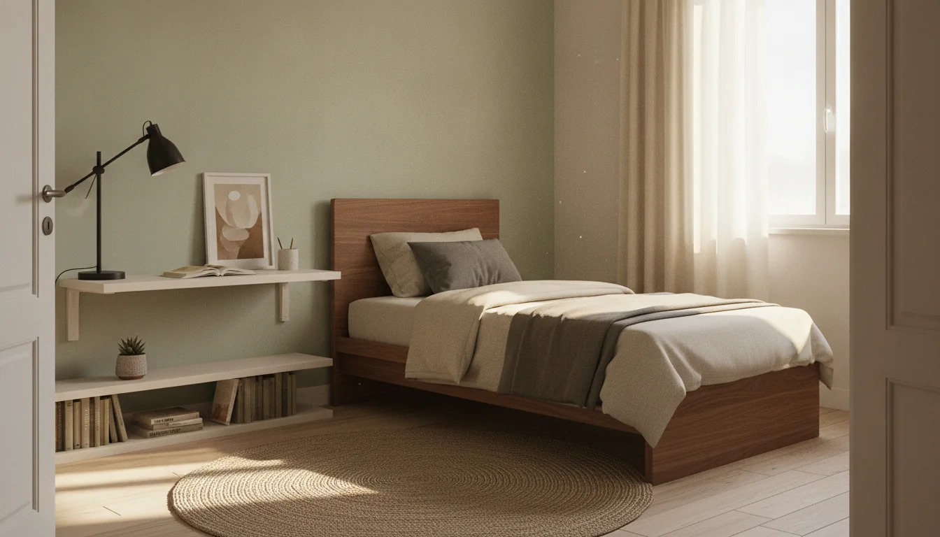 A photoreal AI-rendered teen bedroom with a twin XL bed in a warm walnut frame with oatmeal linen bedding and a single charcoal lumbar pillow, a slim wall-mounted desk with a white oak top and a task lamp with an articulated arm, a low bookshelf holding books, a small succulent, and a framed art print, a soft pale sage-green accent wall behind the bed, a jute rug underfoot, and warm morning light filtering through a window with cream linen curtains — illustrating an AI-generated teen bedroom design that balances study, sleep, and personal style.