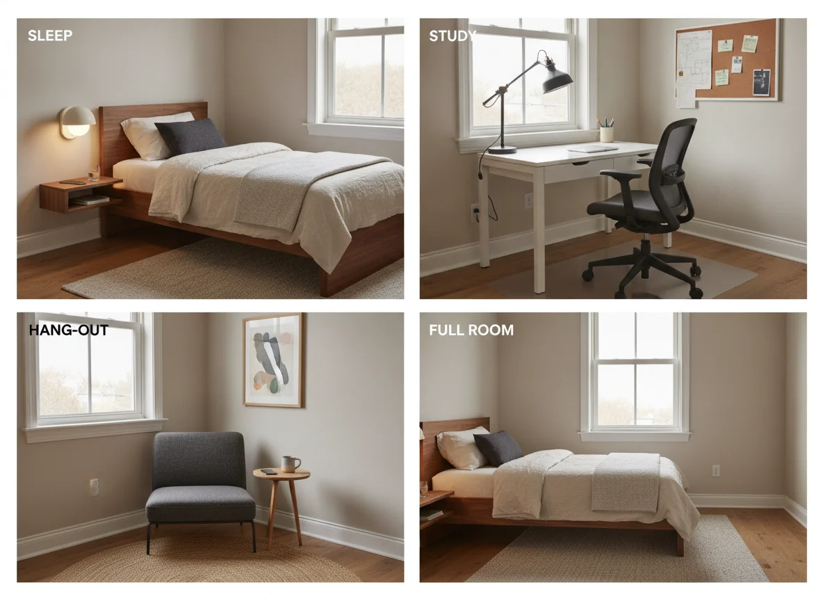 A clean 4-up editorial grid showing the same teen bedroom rendered with three distinct zones highlighted — top-left a sleep zone with a walnut twin XL platform bed in oatmeal linen bedding, a single charcoal lumbar pillow, a slim floating wooden ledge as a nightstand holding a phone and a glass of water, and a warm cream wall lamp; top-right a study zone with a 48-inch white oak desk under a window, an articulated matte-black task lamp, an ergonomic adjustable desk chair in charcoal mesh, a corkboard on the wall with pinned notes, and cable management clips under the desk; bottom-left a hang-out zone in a corner with a low charcoal fabric armchair, a small round oak side table holding a ceramic mug and a phone, a framed art print above the chair, and a small jute rug defining the area; bottom-right the full room with all three zones visible, each separated by furniture placement and rug boundaries — illustrating AI-generated teen bedroom zoning.