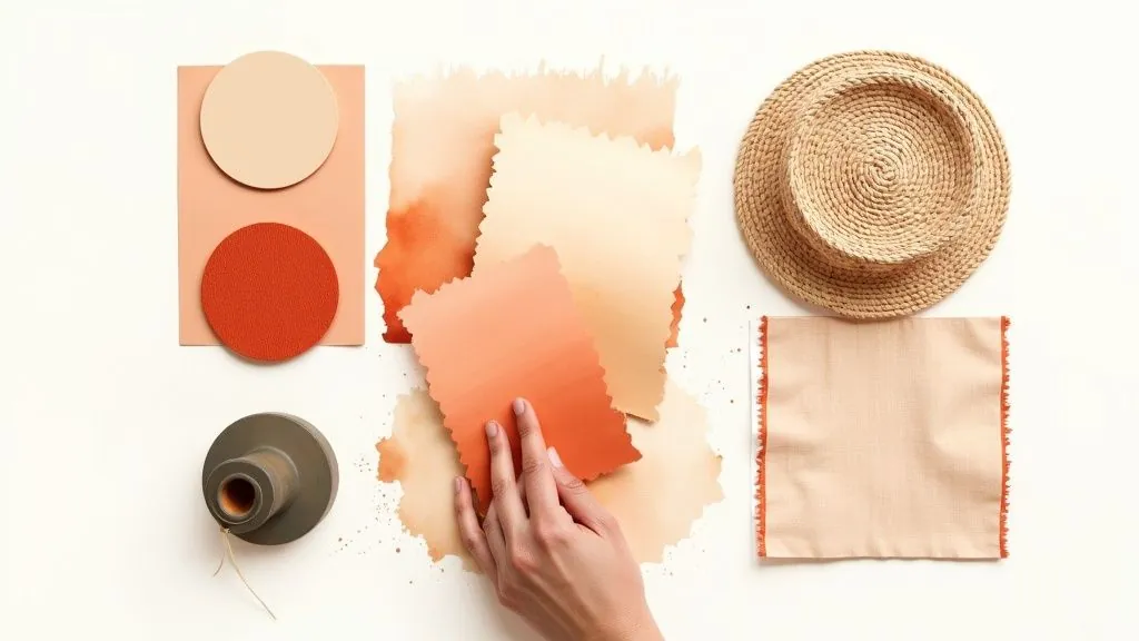 Flat lay of coral and beige color palette with fabric swatches, woven hat, and hand touching watercolor samples