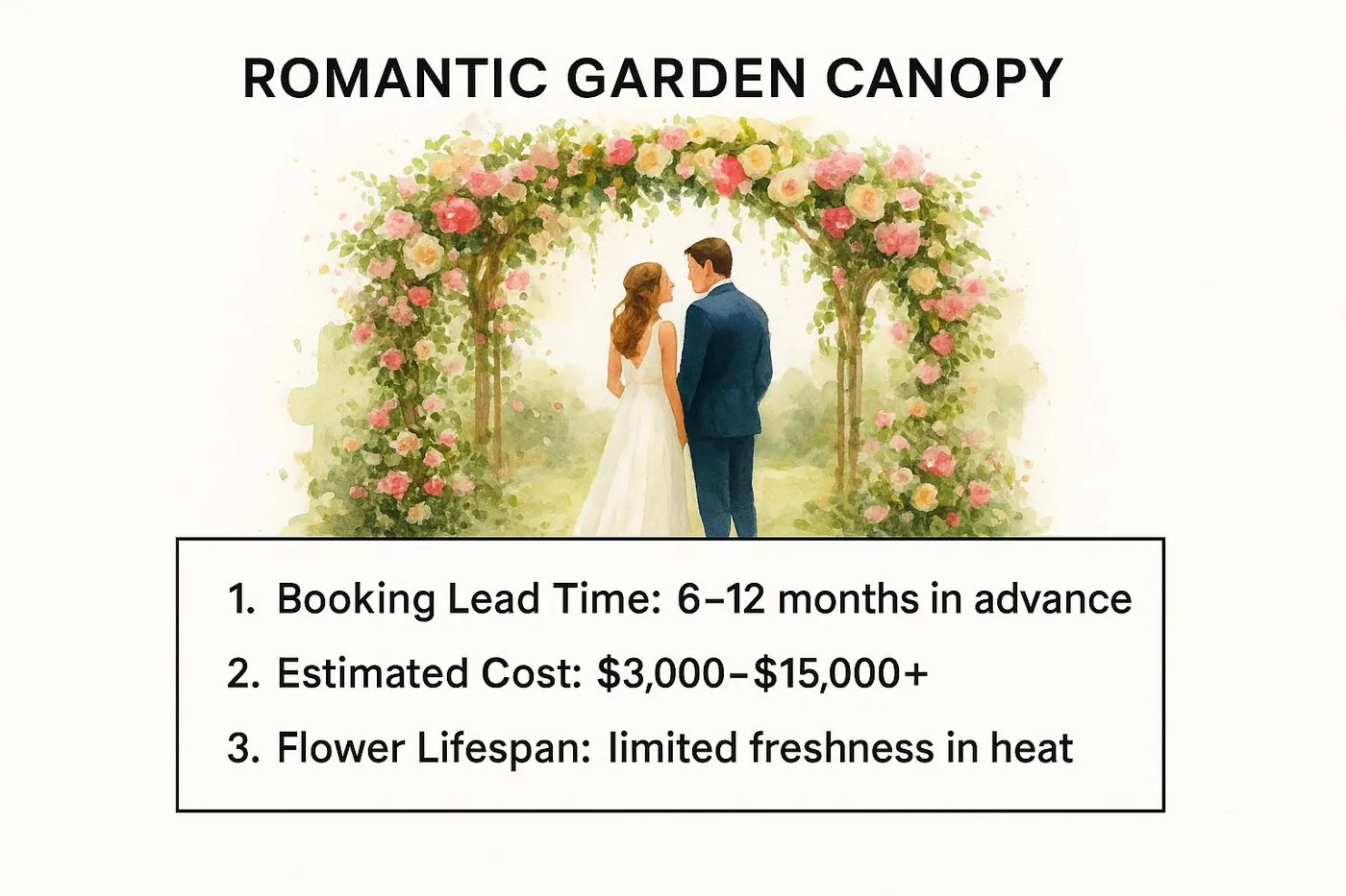 Infographic showing key data about Romantic Garden Canopy with Floral Arches