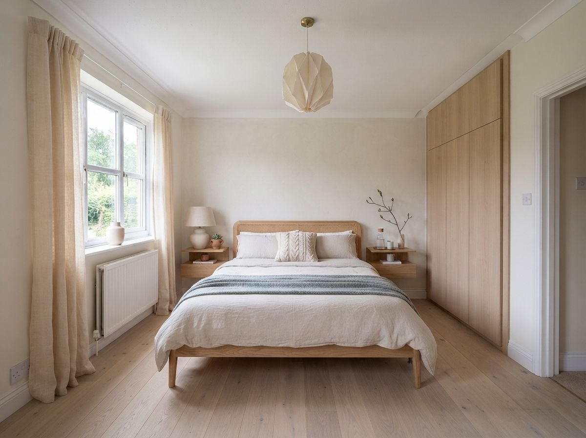 A bedroom redesigned by Roomagine, with a made bed and bedside lighting