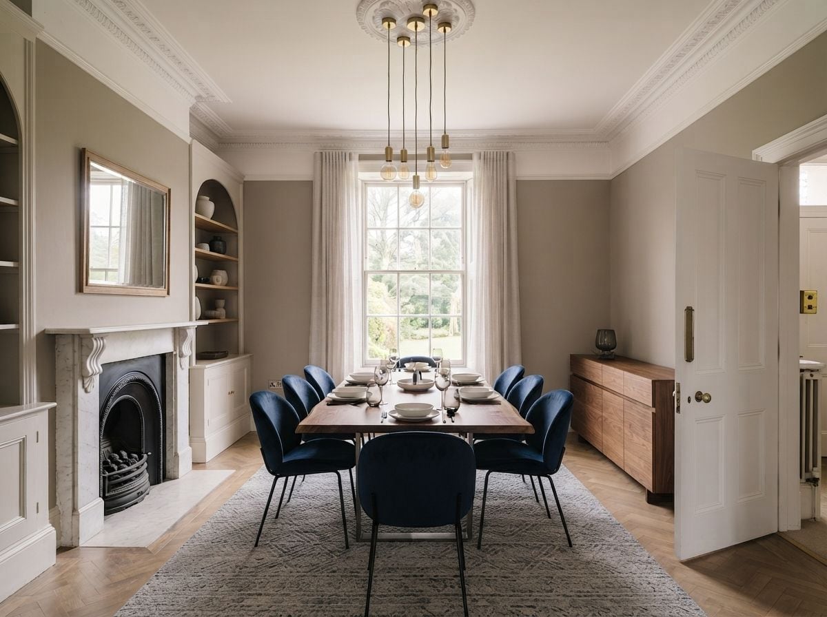 A dining room redesigned by Roomagine, with a table, chairs and pendant light