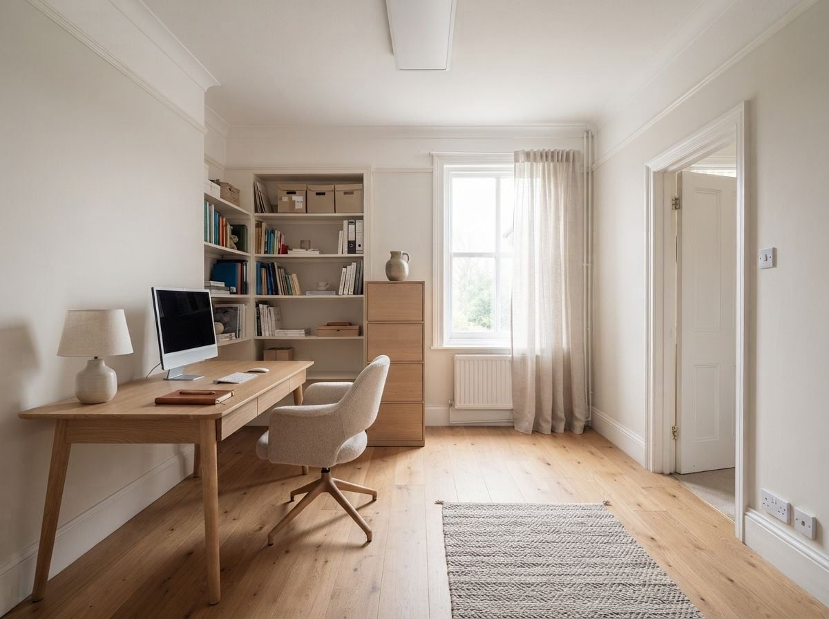 A home office redesigned by Roomagine, with a desk, chair and shelving