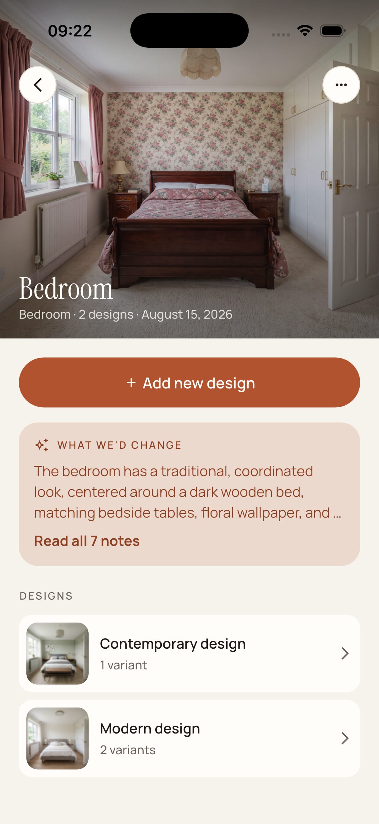 The Roomagine app showing a saved room with its designs and variants listed underneath