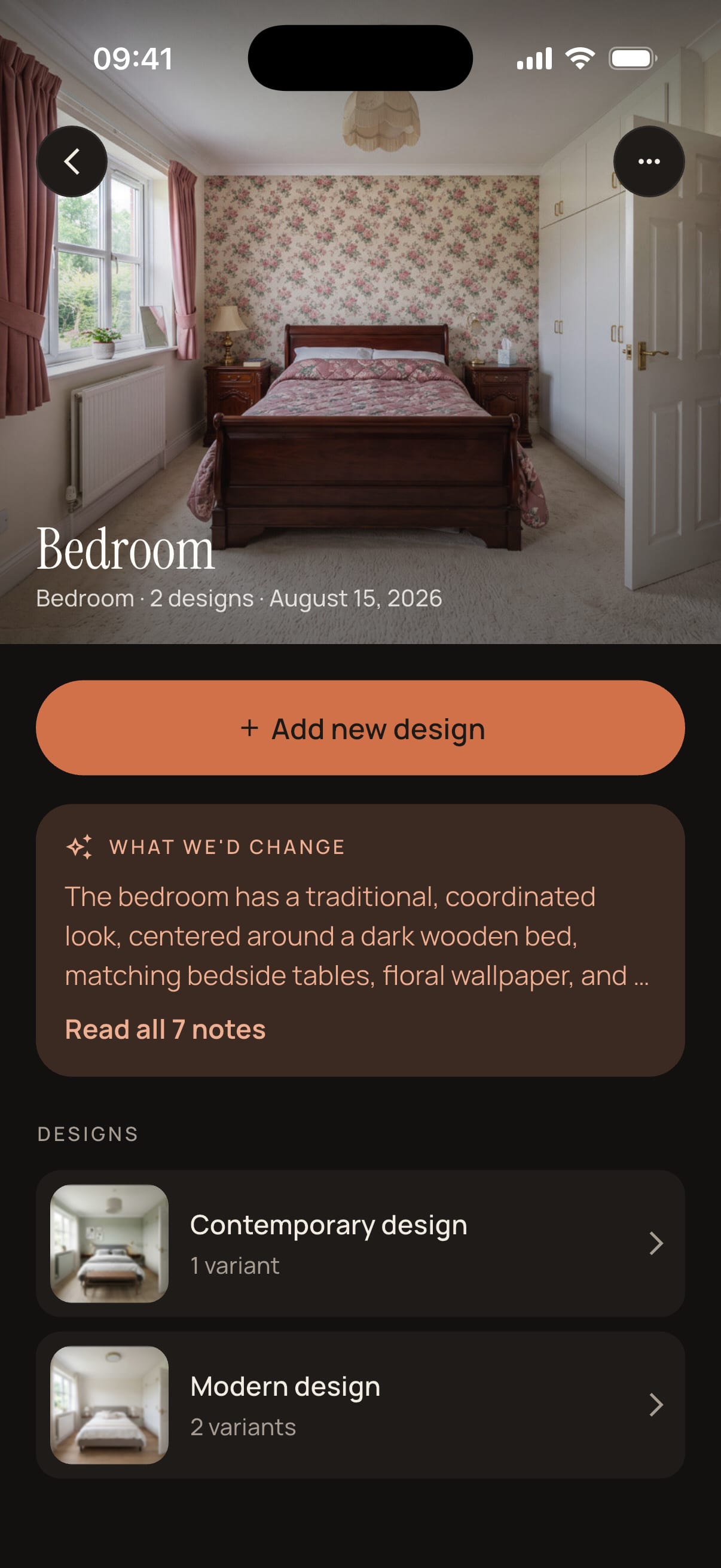The Roomagine app showing a saved room with its designs and variants listed underneath