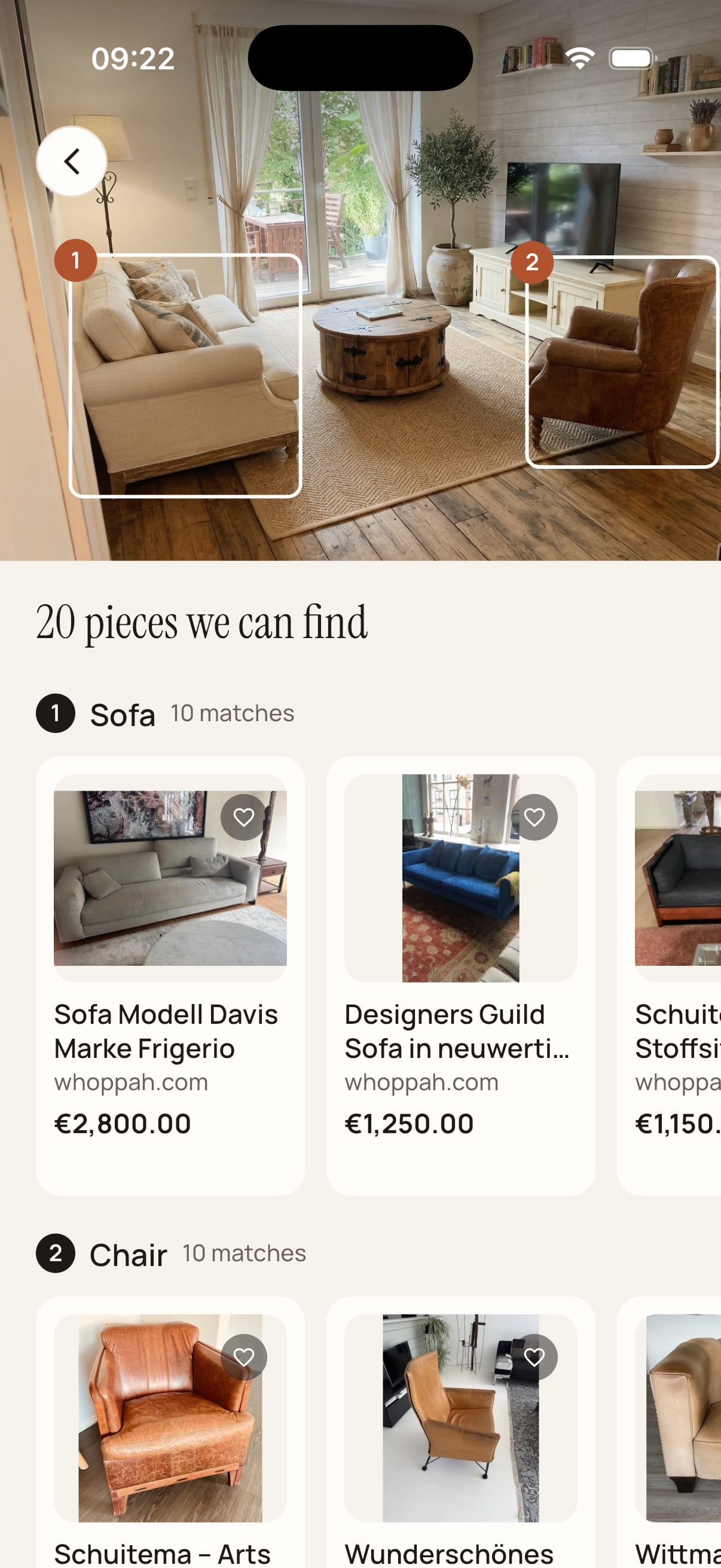 The Roomagine app showing furniture matches found in a design, with the sofa and chair outlined in the photo and real products listed below