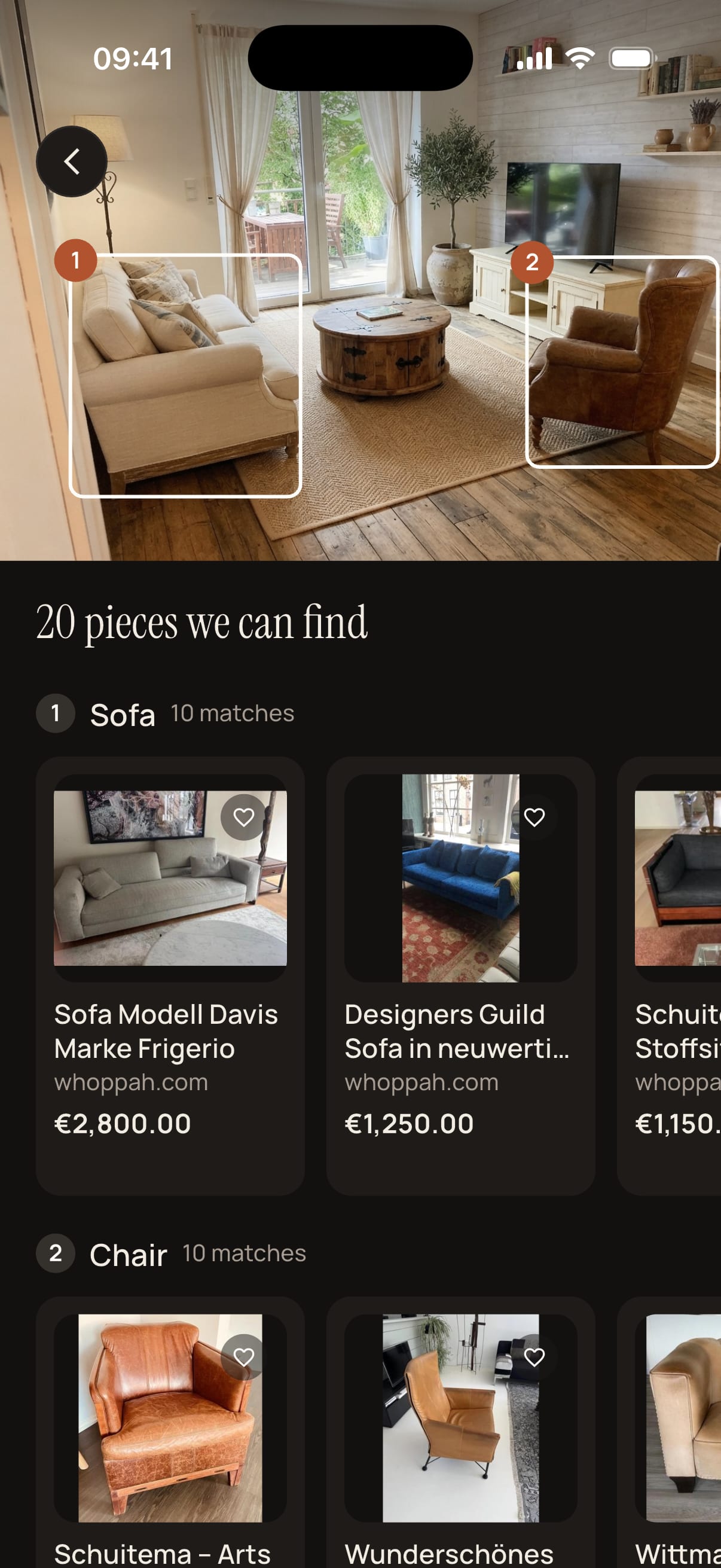 The Roomagine app showing furniture matches found in a design, with the sofa and chair outlined in the photo and real products listed below