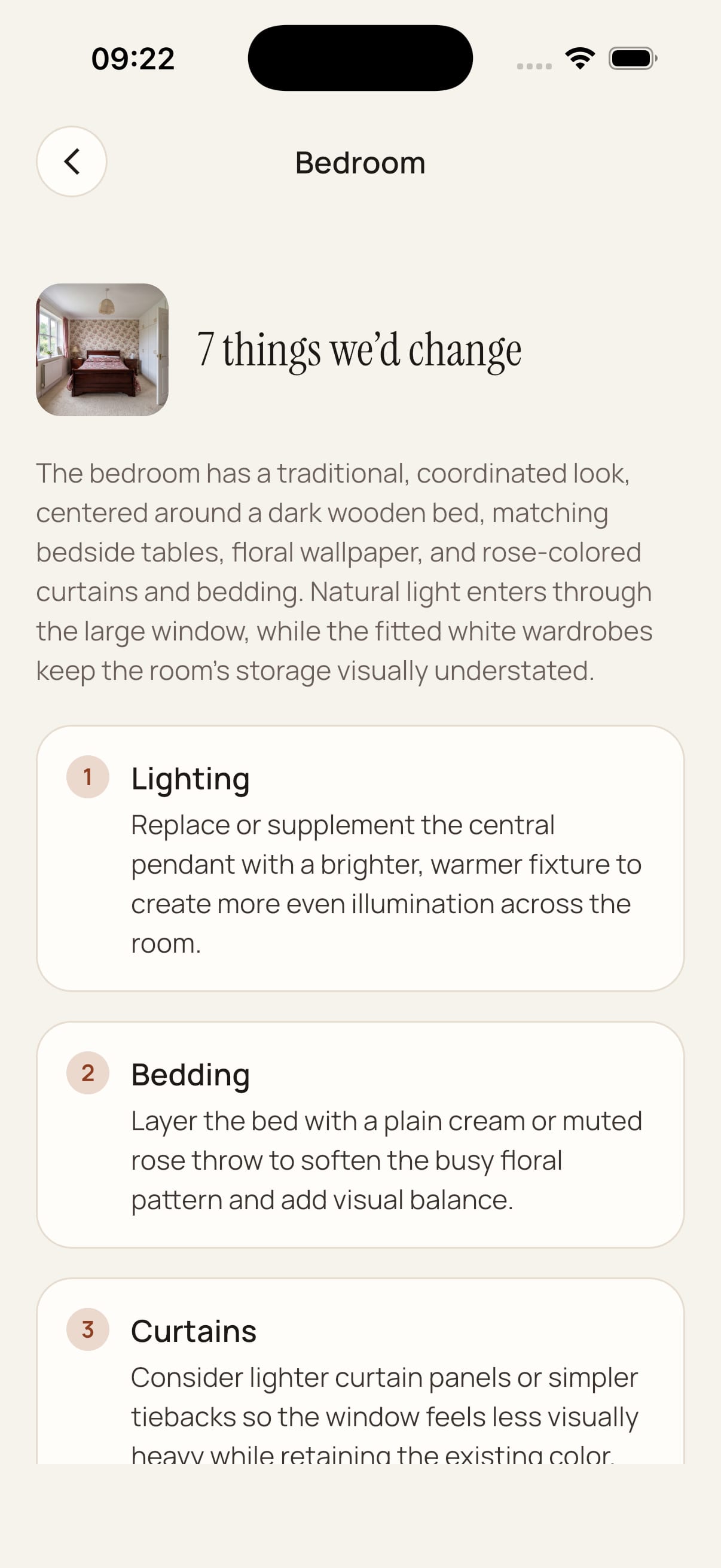 The Roomagine app showing written design recommendations for a room