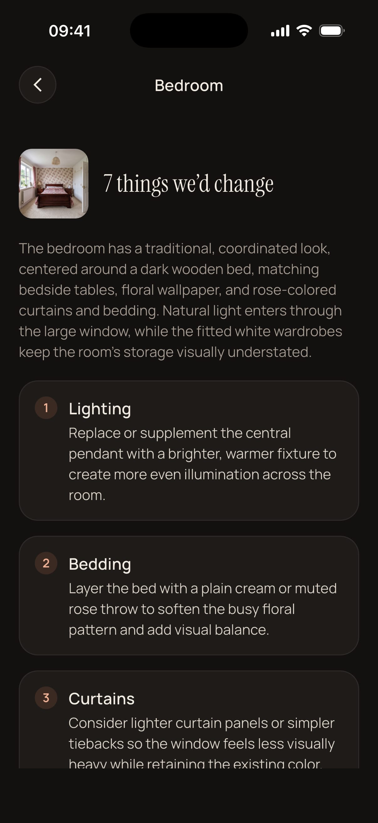 The Roomagine app showing written design recommendations for a room