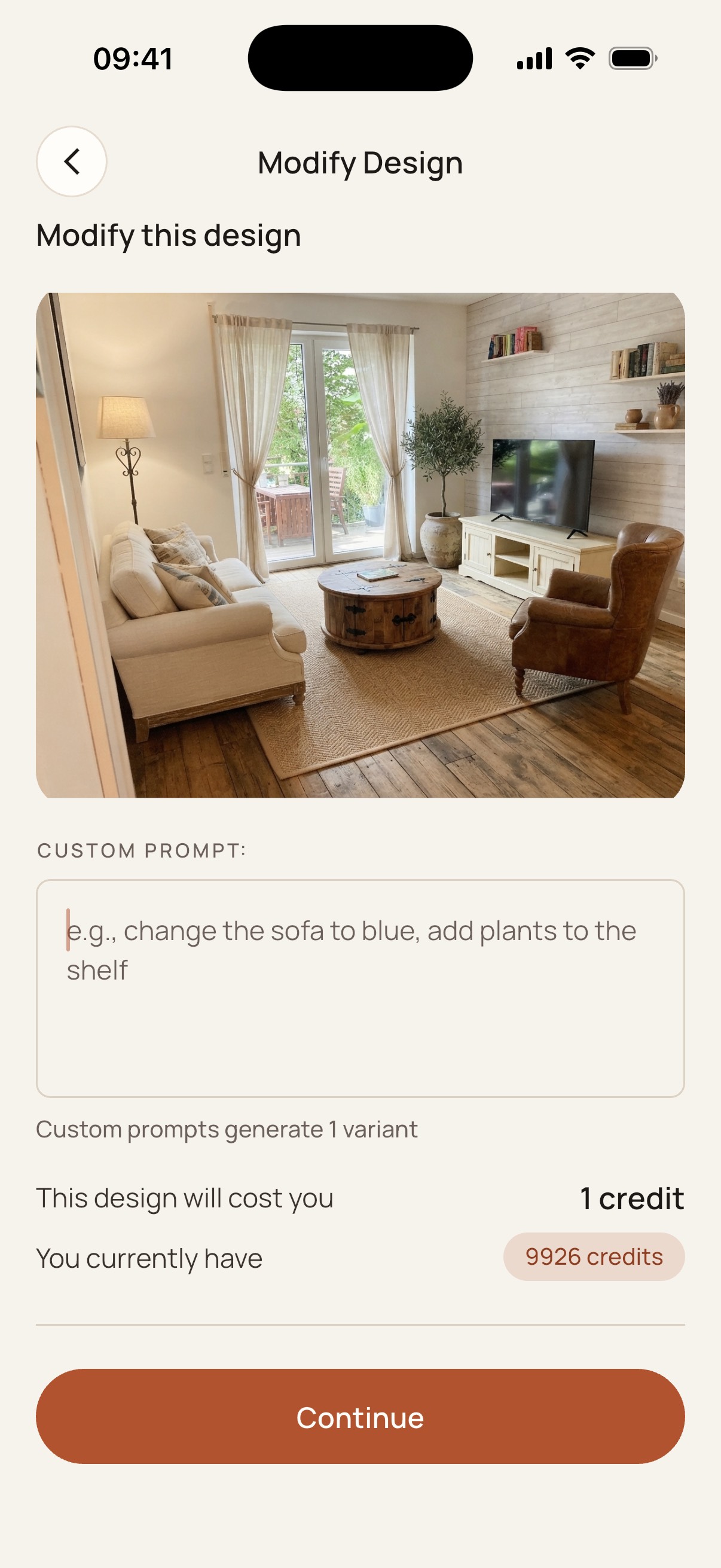The Roomagine app modifying an existing design with a text instruction