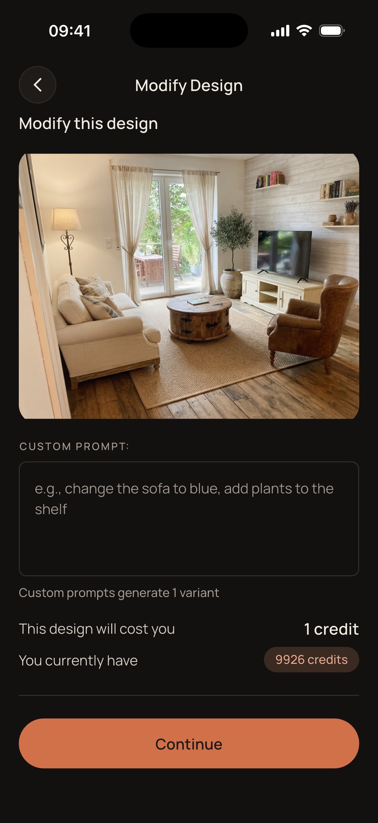 The Roomagine app modifying an existing design with a text instruction