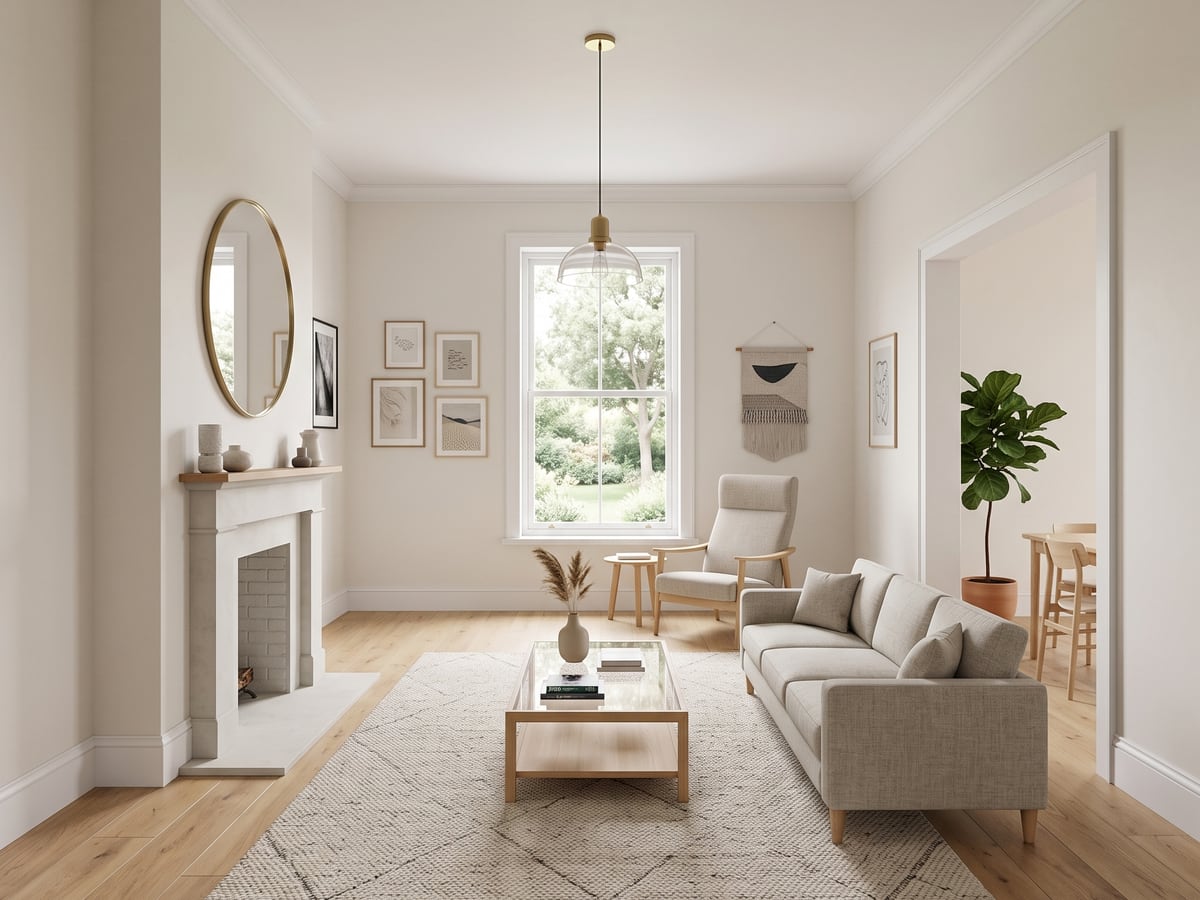 The sketch rendered as a photorealistic furnished room